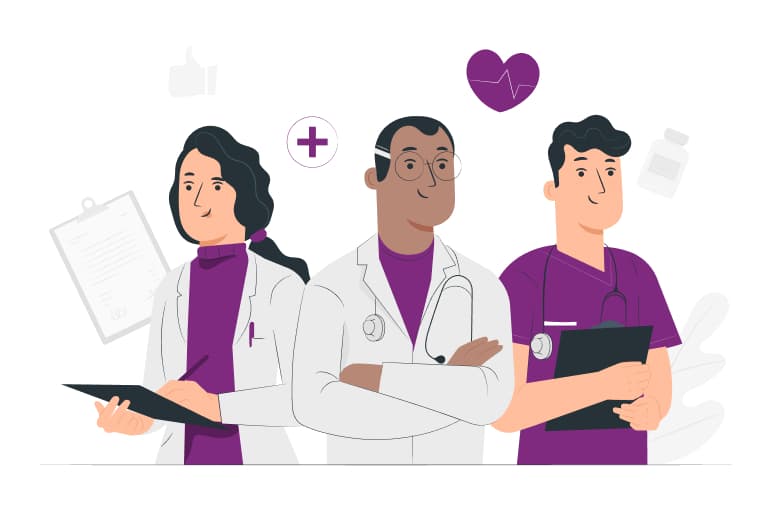 Three medical professionals in lab coats and scrubs, representing independent practice