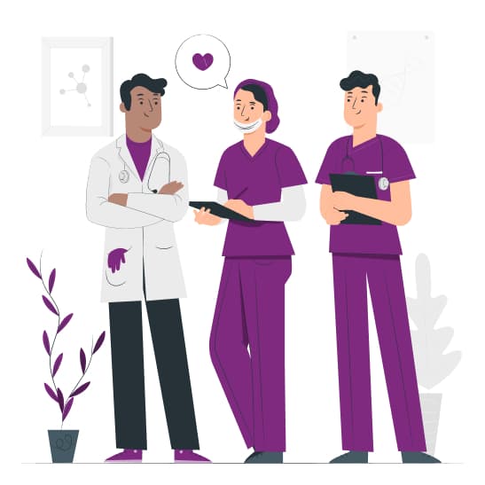 Three healthcare professionals — doctor and colleagues in clinical attire